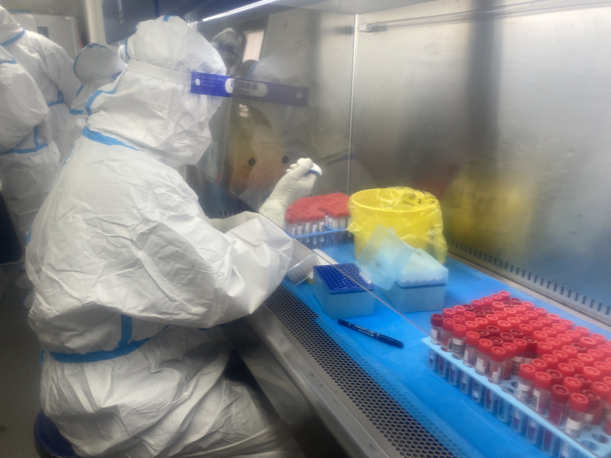 南溪山医院检验科人员在紧张的工作中。